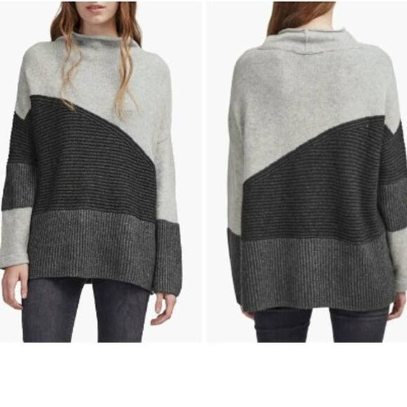 French Connection Patchwork Mock Neck Sweater Size M Wool blend Gray Colorblock - Picture 1 of 13